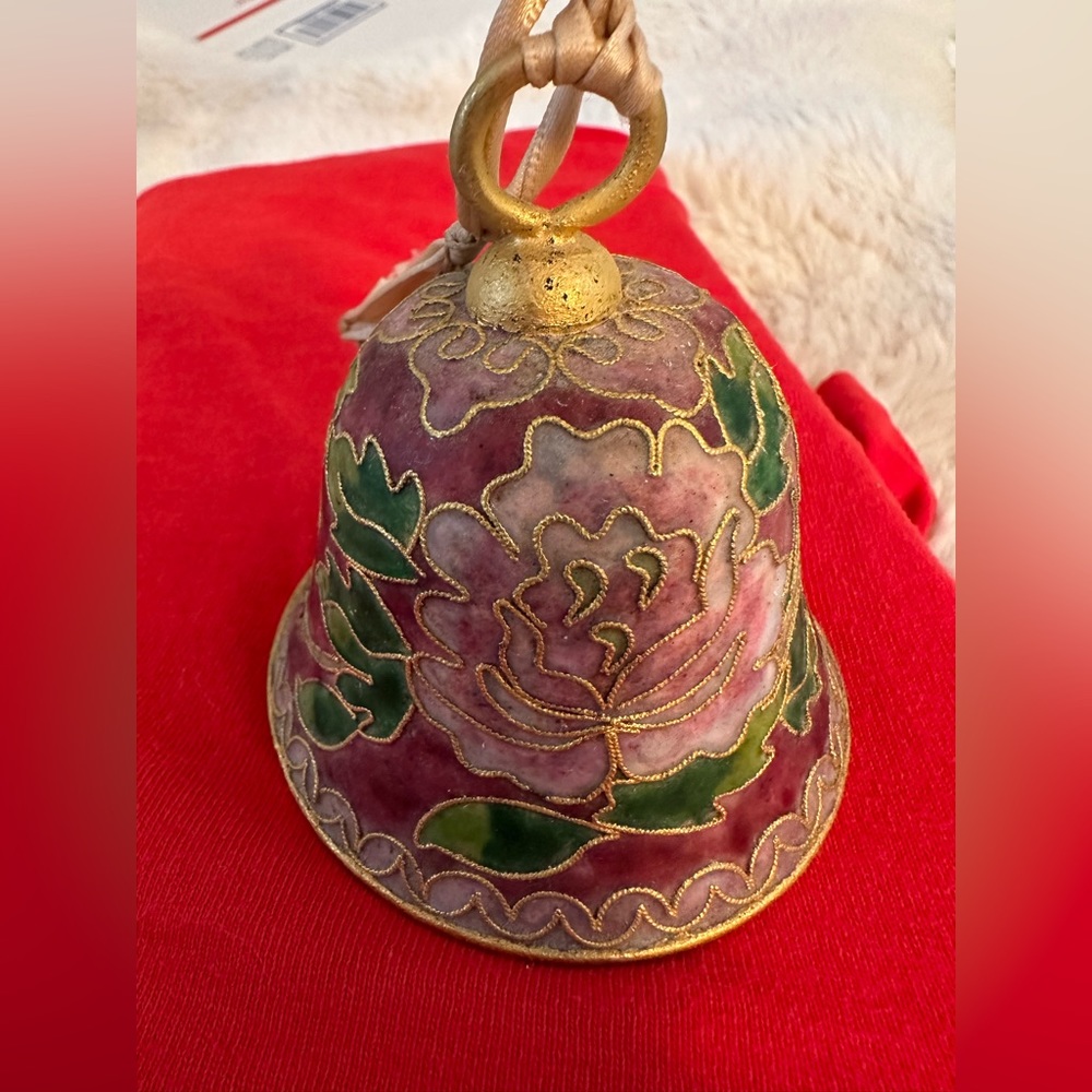 Vintage Collectible Cloisonné Bell -Floral Pink/Burgundy Green Stem Orna…